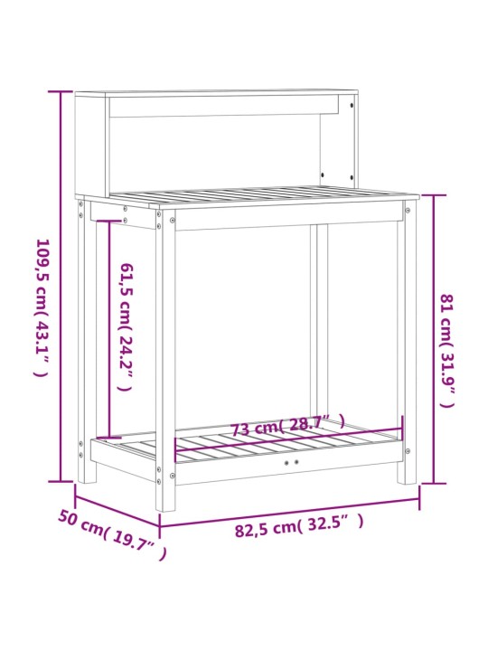 Riiulitega istutuslaud, 82,5 x 50 x 109,5 cm, ebatsuuga puit