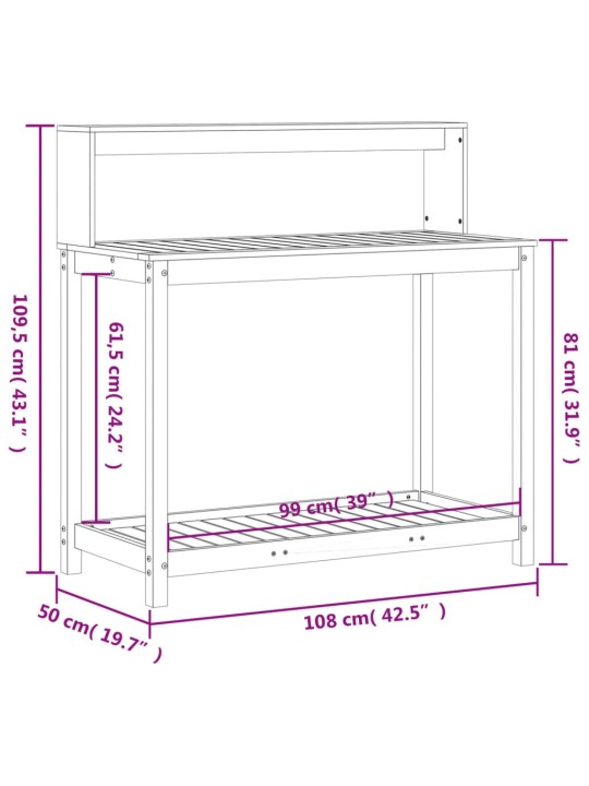 Riiulitega istutuslaud, 108 x 50 x 109,5 cm, ebatsuuga puit