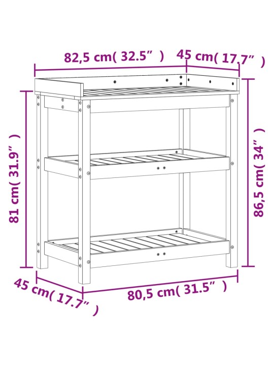 Riiulitega istutuslaud, 82,5x45x86,5 cm, ebatsuuga puit