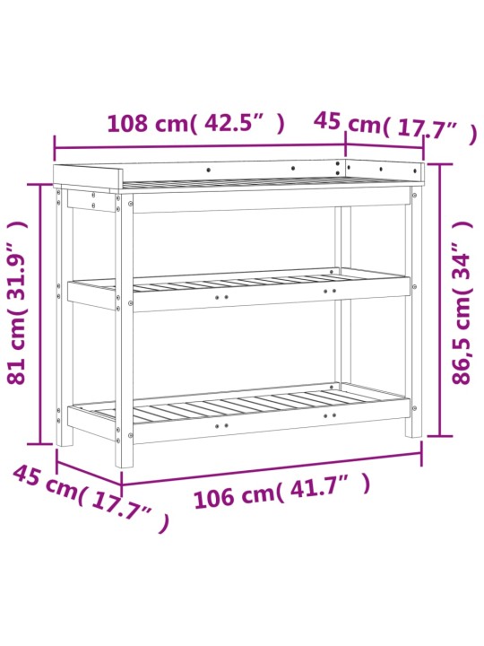 Riiulitega istutuslaud, 108 x 45 x 86,5 cm, männipuit