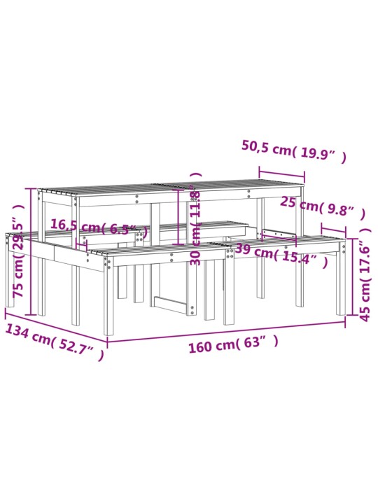 Piknikulaud, 160 x 134 x 75 cm, immutatud männipuit