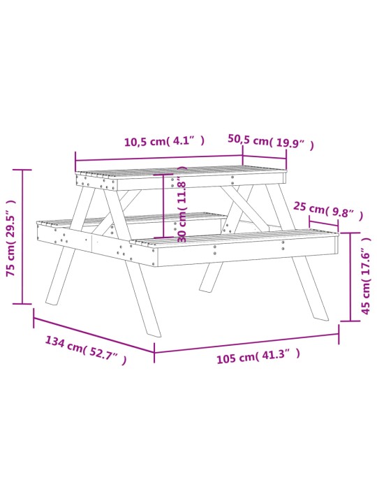 Piknikulaud, 105 x 134 x 75 cm, immutatud männipuit
