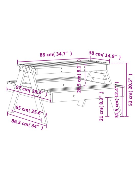Piknikulaud lastele, 88 x 97 x 52 cm, immutatud männipuit