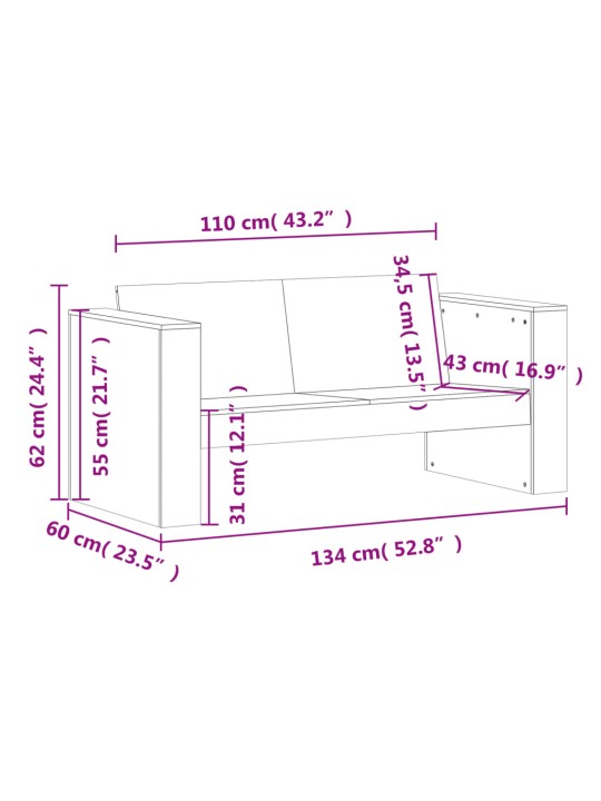 2-kohaline aiadiivan, 134x60x62 cm, immutatud männipuit