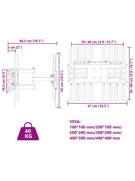 Teleri seinakinnitus, 26-70 tolli, max vesa 400x400 mm 40 kg