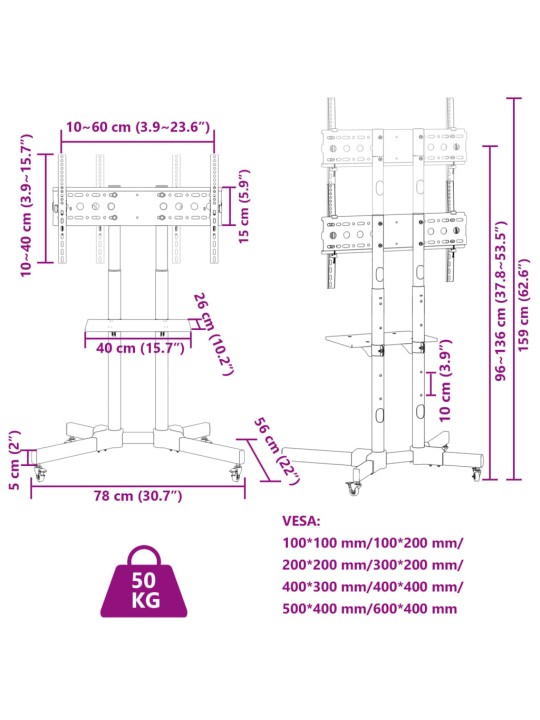 Ratastel telerialus, 32-70 tolli, max vesa 600x400 mm 50 kg