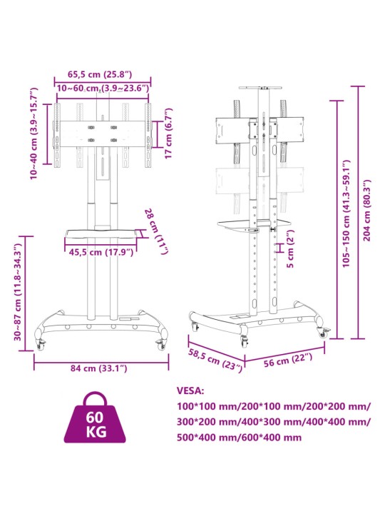 Ratastel telerialus, 32-70 tolli, max vesa 600x400 mm 60 kg