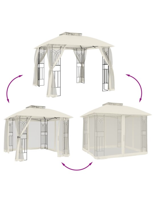 Kahekordse katuse ja võrkseintega paviljon kreemjas 2,94x2,94 m