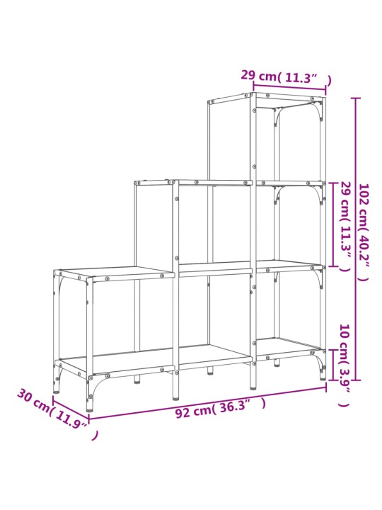 Raamatualus, suitsutamm, 92 x 30 x 102 cm, tehispuit ja metall