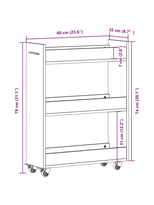 Ratastega kapp, must, 60 x 22 x 79 cm, tehispuit