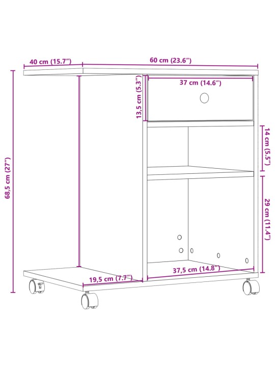 Ratastega printerialus, hall sonoma tamm, 60x40x68,5 cm