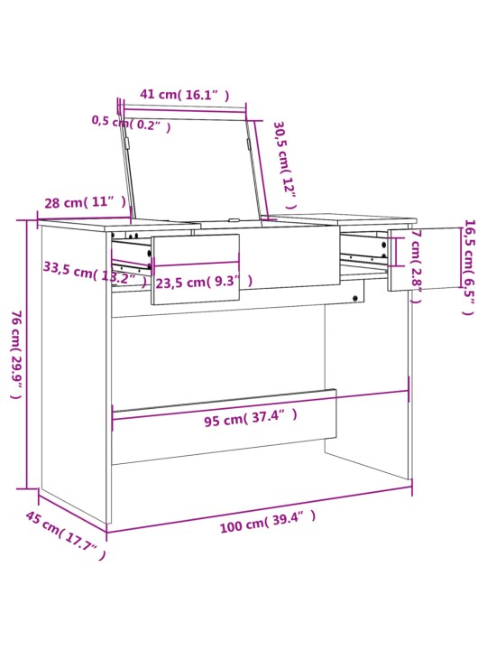 Peegliga tualettlaud, suitsutatud tamm, 100x45x76 cm