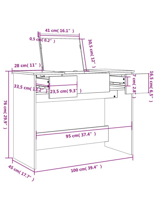 Peegliga tualettlaud, hall sonoma tamm, 100x45x76 cm