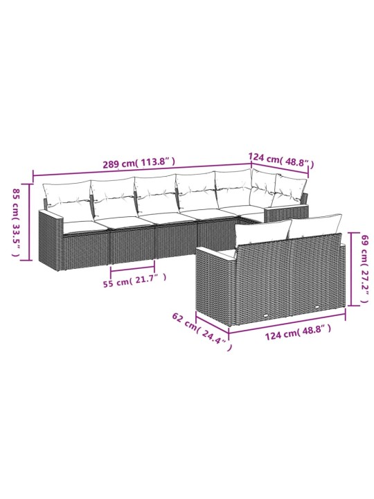 8-osaline aiadiivani komplekt patjadega, hall, polürotang