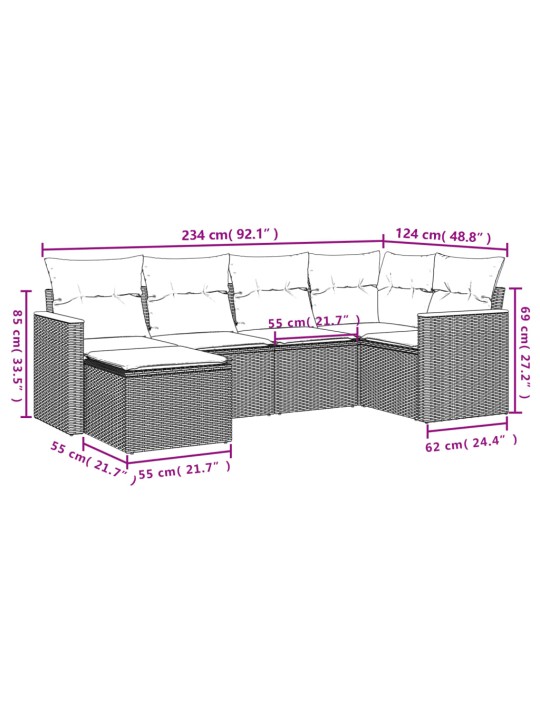 6-osaline aiadiivani komplekt patjadega, hall, polürotang