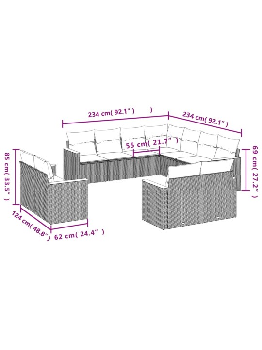 11-osaline aiadiivani komplekt patjadega, hall, polürotang