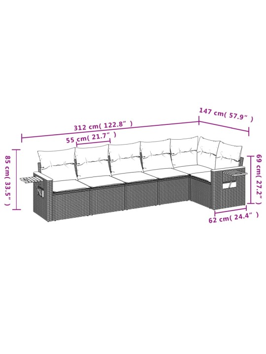 6-osaline aiadiivani komplekt patjadega, hall, polürotang