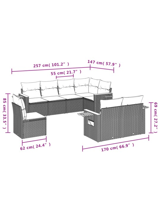 8-osaline aiadiivani komplekt patjadega, hall, polürotang