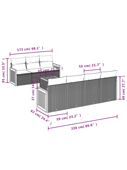 8-osaline aiadiivani komplekt patjadega, hall, polürotang