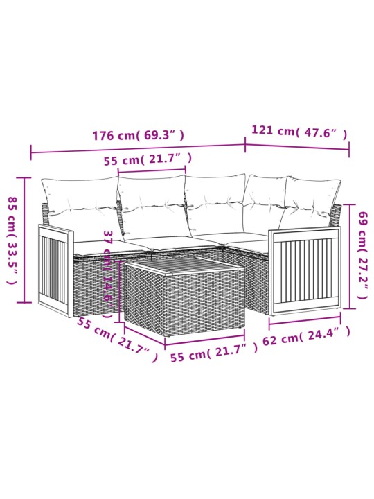 5-osaline aiamööblikomplekt istmepatjadega, polürotang, hall