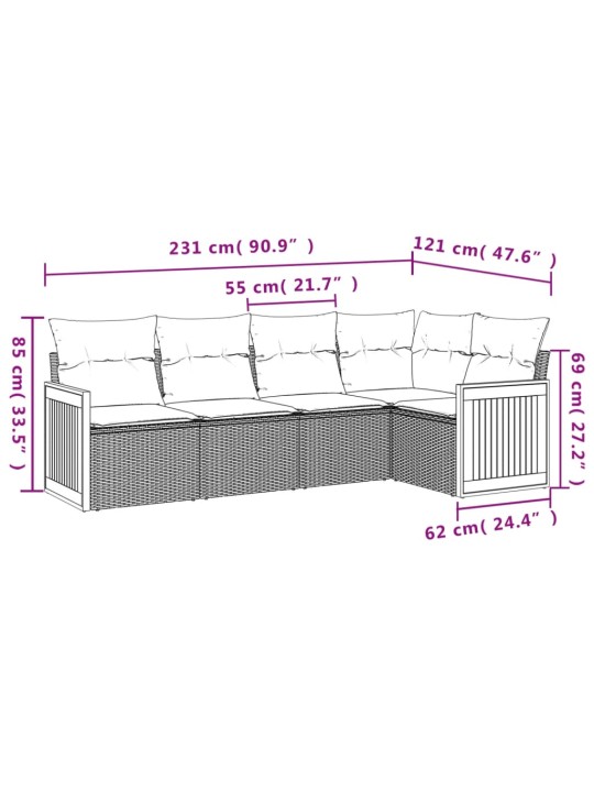 5-osaline aiamööblikomplekt istmepatjadega, polürotang, hall