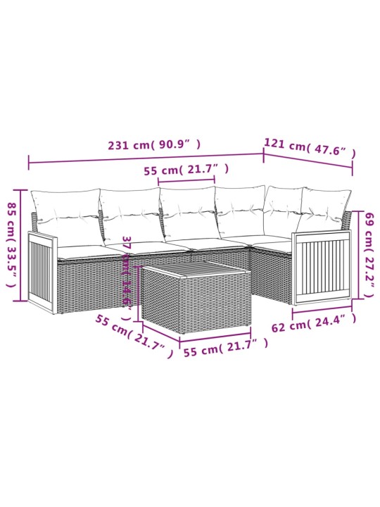 6-osaline aiadiivani komplekt patjadega, hall, polürotang