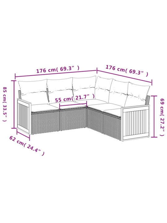 5-osaline aiamööblikomplekt istmepatjadega, polürotang, hall