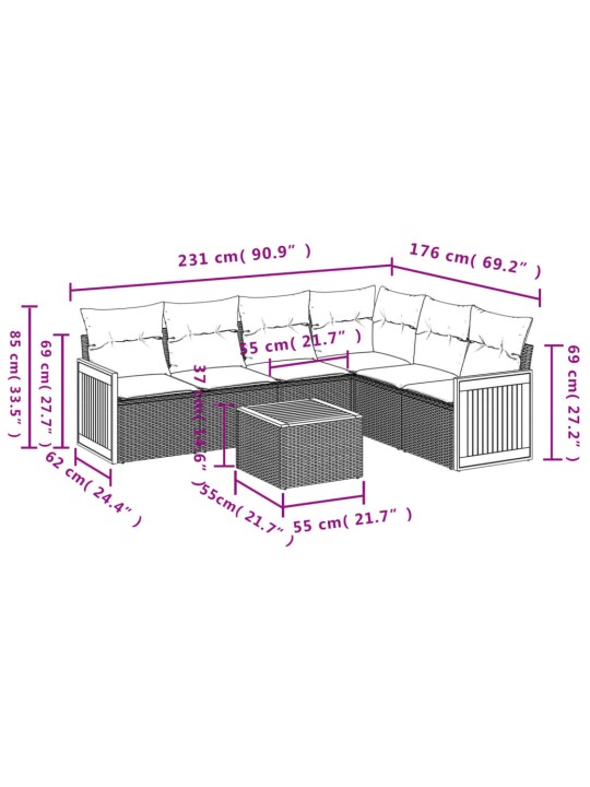 7-osaline aiadiivani komplekt patjadega, hall, polürotang