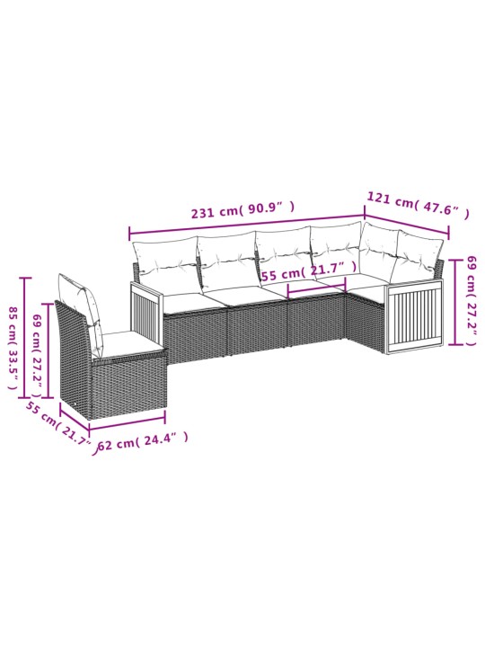 6-osaline aiadiivani komplekt patjadega, hall, polürotang