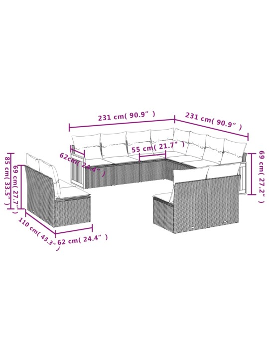 11-osaline aiadiivani komplekt patjadega, hall, polürotang