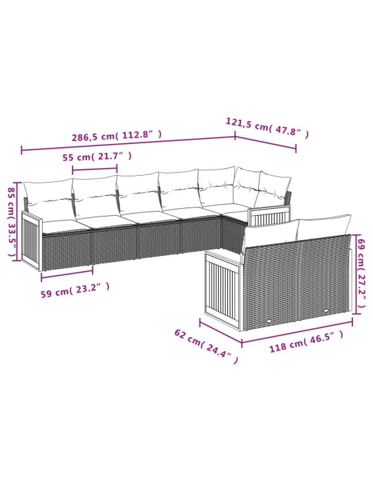 8-osaline aiadiivani komplekt patjadega, hall, polürotang