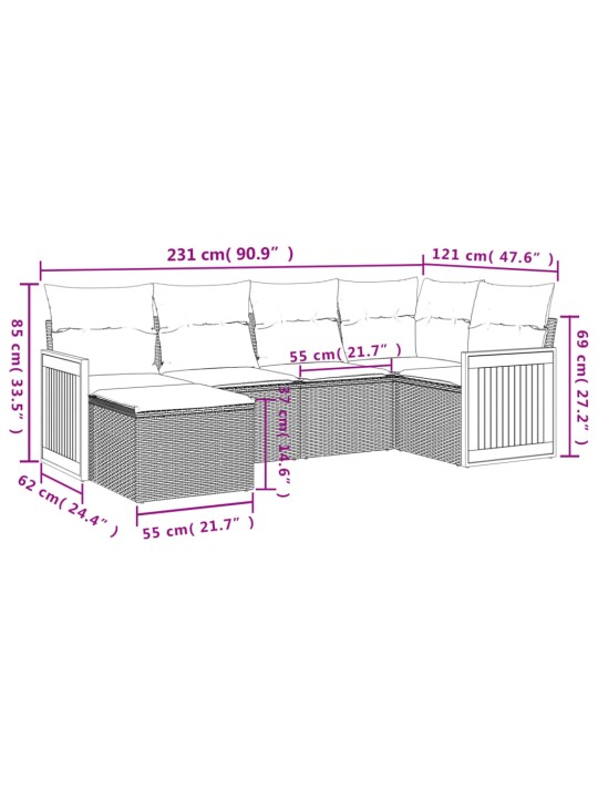 6-osaline aiadiivani komplekt patjadega, hall, polürotang