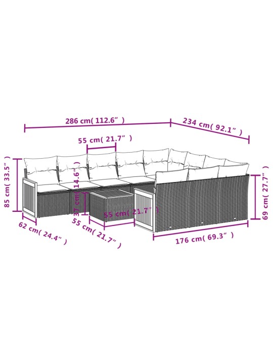 11-osaline aiadiivani komplekt patjadega, hall, polürotang