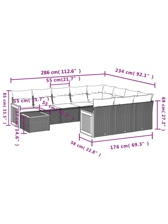 11-osaline aiadiivani komplekt patjadega, hall, polürotang