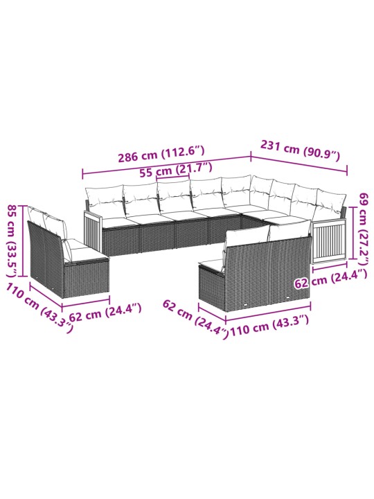 12-osaline aiadiivani komplekt patjadega, must, polürotang