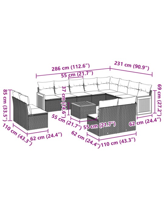 13-osaline aiadiivani komplekt patjadega, hall, polürotang