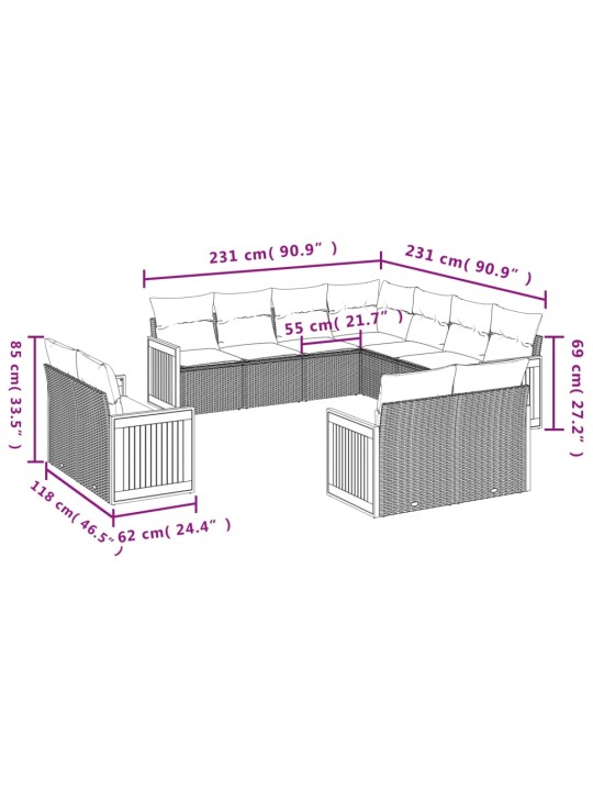 11-osaline aiadiivani komplekt patjadega, hall, polürotang