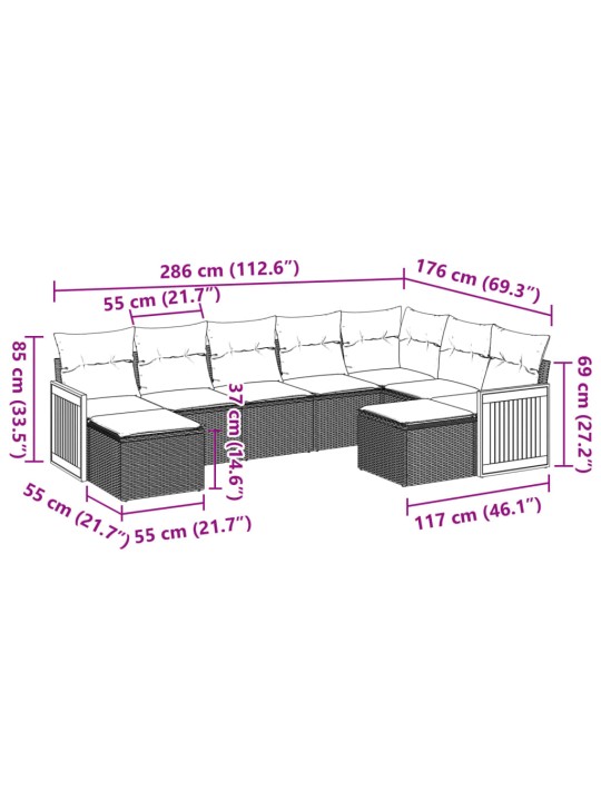 9-osaline aiadiivani komplekt patjadega, hall, polürotang