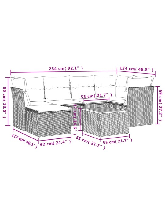 7-osaline aiadiivani komplekt patjadega, hall, polürotang