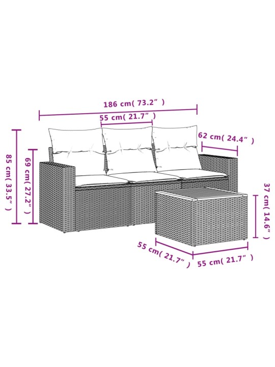 4-osaline aiadiivani komplekt patjadega, must, polürotang