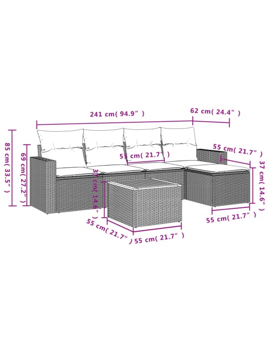 6-osaline aiadiivani komplekt patjadega, hall, polürotang