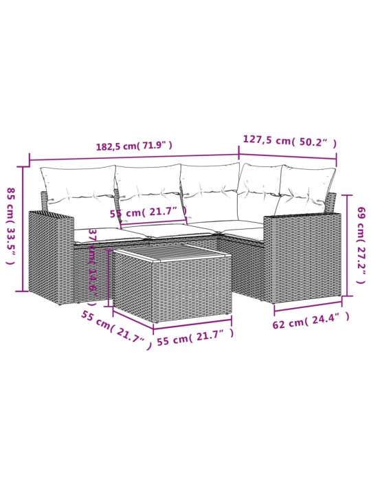 5-osaline aiamööblikomplekt istmepatjadega, polürotang, hall