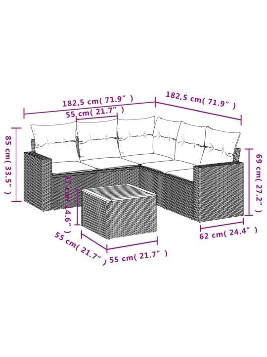 6-osaline aiadiivani komplekt patjadega, hall, polürotang