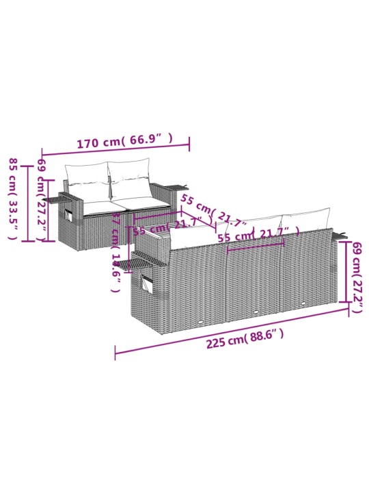 6-osaline aiadiivani komplekt patjadega, hall, polürotang