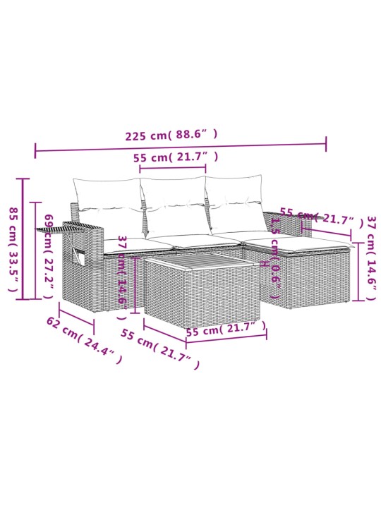 5-osaline aiamööblikomplekt istmepatjadega, polürotang, hall