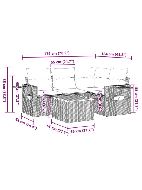 5-osaline aiamööblikomplekt istmepatjadega, polürotang, hall