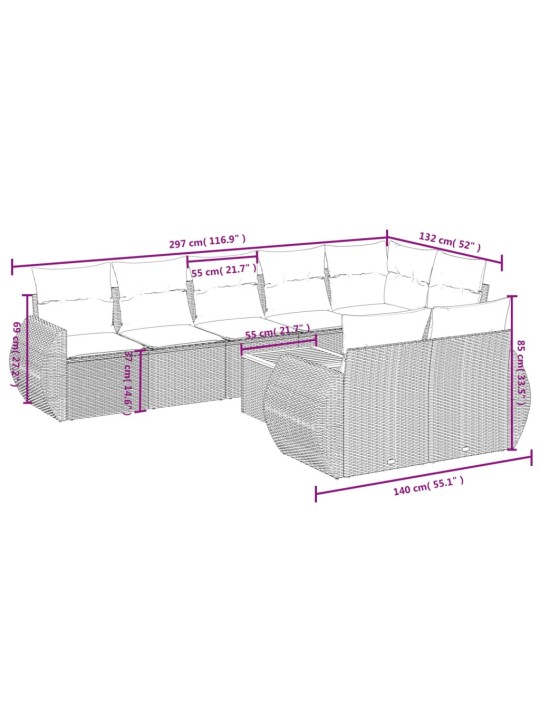 9-osaline aiadiivani komplekt patjadega, hall, polürotang