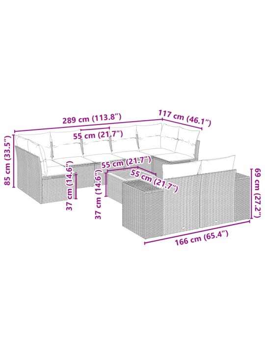 10-osaline aiadiivani komplekt patjadega, hall, polürotang