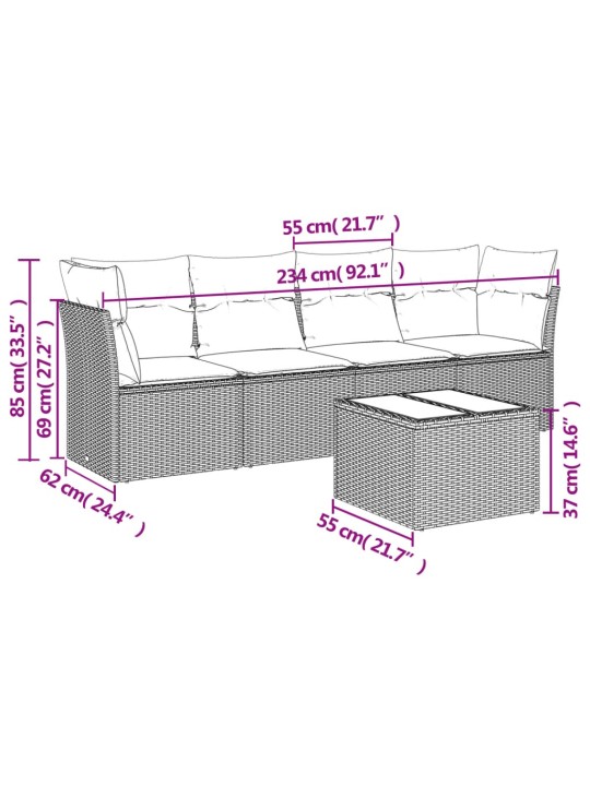 5-osaline aiamööblikomplekt istmepatjadega, polürotang, hall