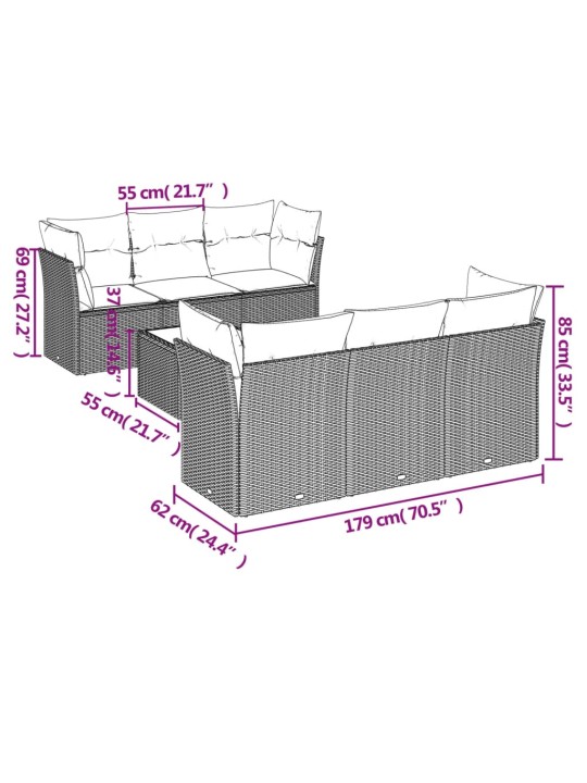 7-osaline aiadiivani komplekt patjadega, hall, polürotang